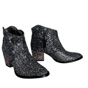 New ZADIG & VOLTAIRE Black Glitter Zip Ankle Boot 39 Sparkle Western Chunky Heel